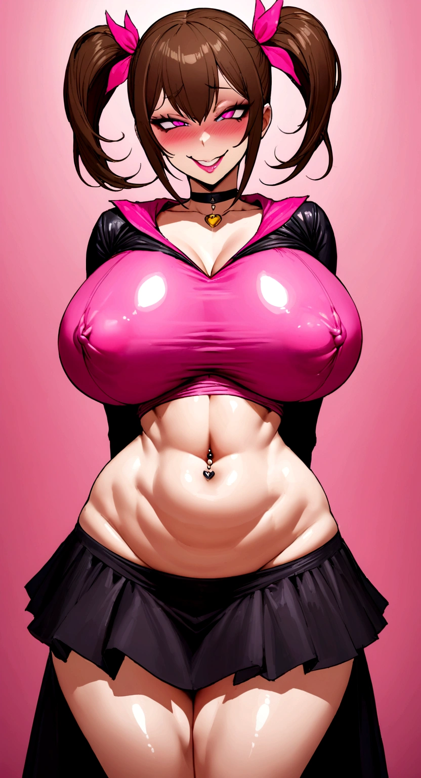 big lips, Brown hair, pink eyes, japanese face, improve, improve grin, two sides up, huge breasts, Wide hips, sexy, detailed, pink room, Hits, (evil smile1.4), kawaii, skirt lewd, lewd, GOOD, lewd costume, lewd shirt, choker, lewd skirt, lewd shirt,navel piercing,ropa interior lewd