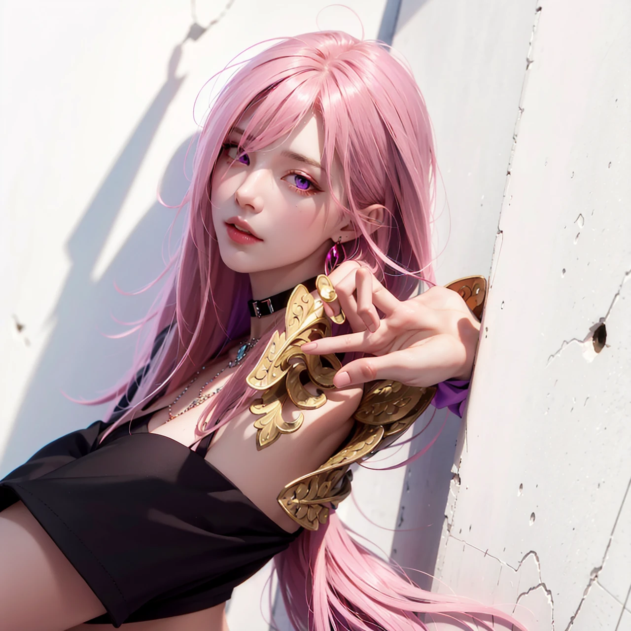 (masterpiece, best quality, 1girl, solo, intricate details, chromatic aberration), realistic, ((medium breath)),long hair, pink hair, red head ornament, pink highlights, hair over one eye,purple eyes, earrings, sharp eyes, choker, neon shirt, open jacket, crop top, (symmetry eyes),(perfect symmetrical body),against wall, brick wall, graffiti, dim lighting, alley ,look at viewer