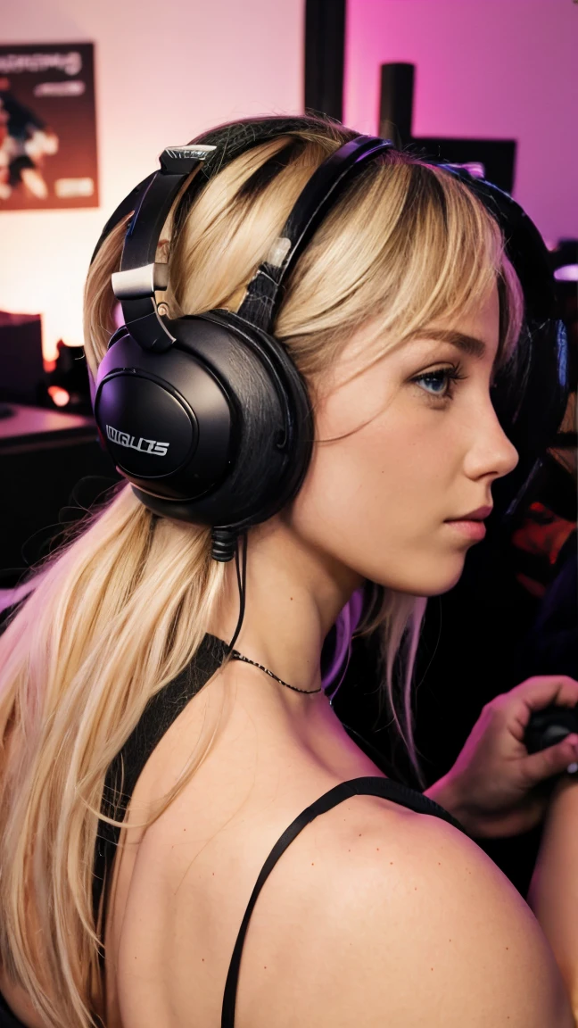 Bagz, baghera jones, in a gaming event, gaming headset, blonde hair , , looking at the camera , , ,nude,  , , ,  ass , from the side 