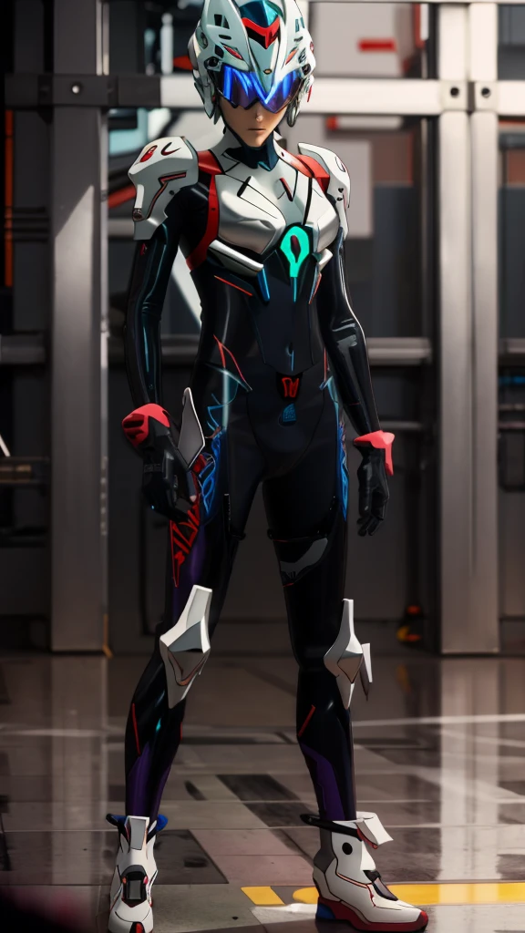 Neon Genesis Evangelion style, male, pilot, wearing plugsuit and custom helmet 