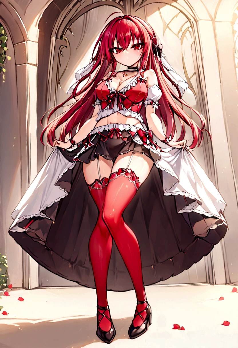 whole body, Long Red Hair, (Red rose flower illustration:1.5), Red sheer see-through dress,(((nsfw)))(((naked)))　Red High Heels　She lifts up her transparent skirt to reveal her crotch(((5 )))infant　She opens her blouse to reveal her breasts　tall　Lift one leg up　(((Urinating)))Leg spread　pussy,spread legs,girl,naked,(((open pussy)))((Red rose garden background))blue sky