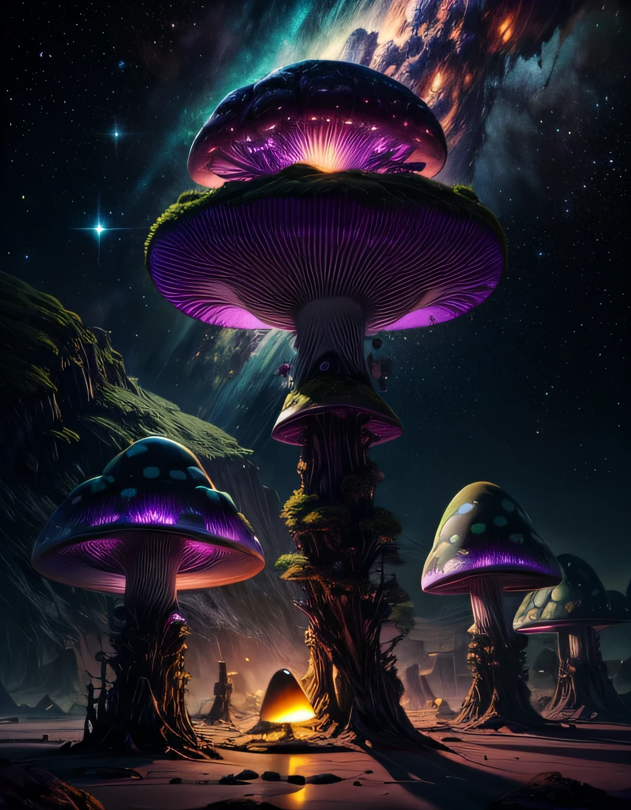 "Science fiction landscape, luminous ((toadstools)), interstellar clouds, breathtaking colors, Heavenly Bodies, futuristic atmosphere, (captivating composition), alien terrain, cosmic beauty, punk style, colors: Unripe, purple 
