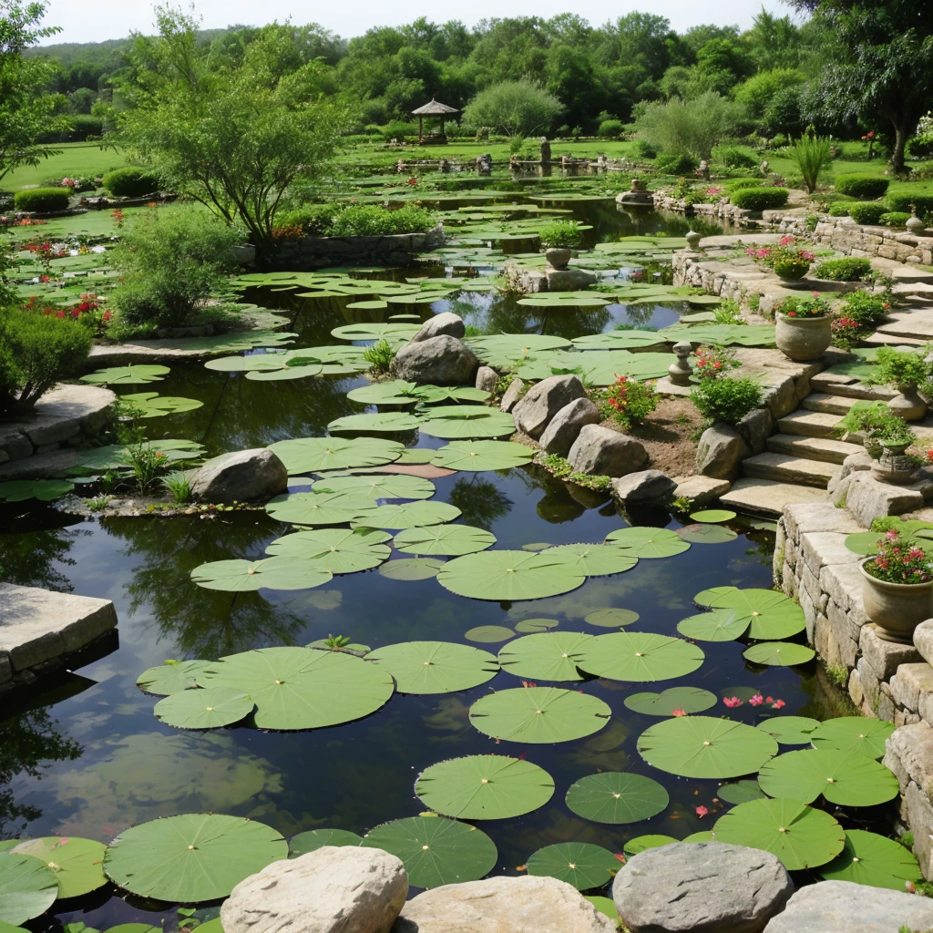 stone garden, 4 ponds, vegetation, water lilies only in water, bansai