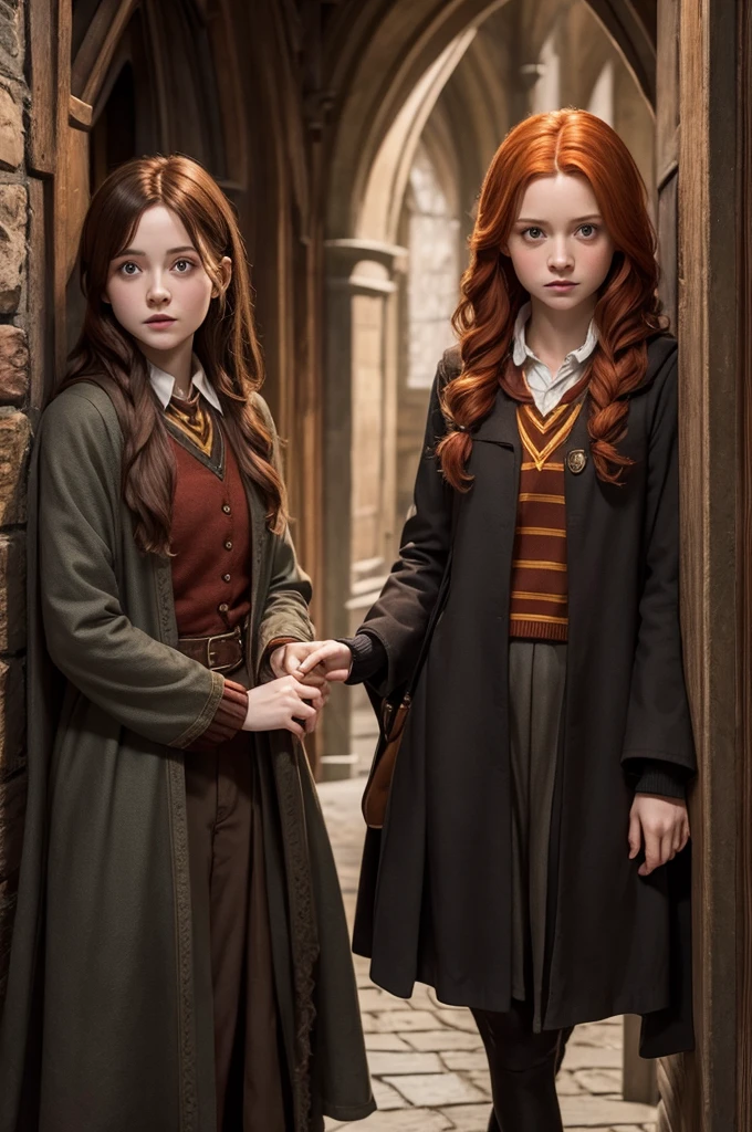 Gryffindor pretty girl with Hazel eyes blonde curly hair selfie with her pretty slytherin friends who has red hair, pale skin and ocean blue eyes. Wearing Hogwarts uniform