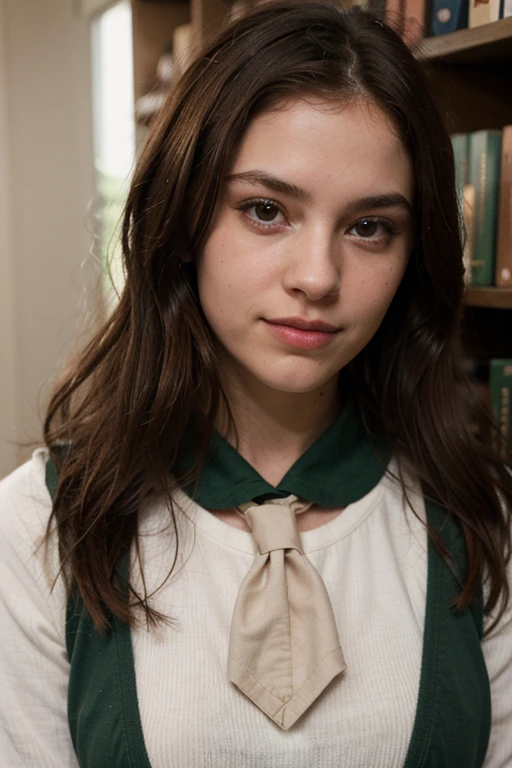 A girl between 16-17 years old, Physically, he has a skin tone between light and dark.,He has medium-sized brown hair with red highlights in the front.,honey colored eyes and long eyelashes,that wears the Slytherin uniform and belongs to Hogwarts ,with a sharp jaw and a turned-up nose,a perfect smile and big, full lips,what a dark femine vibe