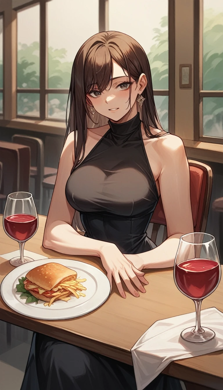 Anime, 2d anime, cartoon anime, detailed illustration, dynamic angle, ultra-detailed, illustration, 1girl, late 20’s year old, dark, night, sitting down in a fancy restaurant, eating dinner at a nice table, nighttime, Big woman, nervous, in tight clothes, embarrassed to be seen, very shy, very tall, broad shoulders, silky long black hair, muscular, tone body, sitting in a high end restaurant, date night, eating at night time, romantic dinner, subtle smile, avoiding eye contact, blushing, black dress, virgin killer sweater dress with boob window showing ample cleavage, looking down, nipples indentation in fabric of dress, looking away from camera, a little bulky, muscular arms, wide shoulders, tall woman, empty clean plate in front of woman on table, woman sitting at table 