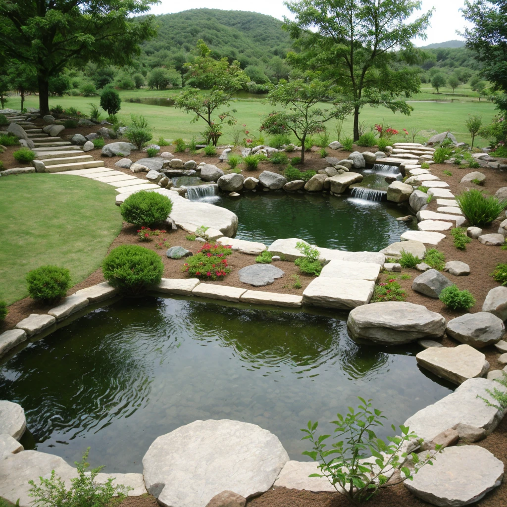 stone garden, 4 ponds, vegetation, bansai