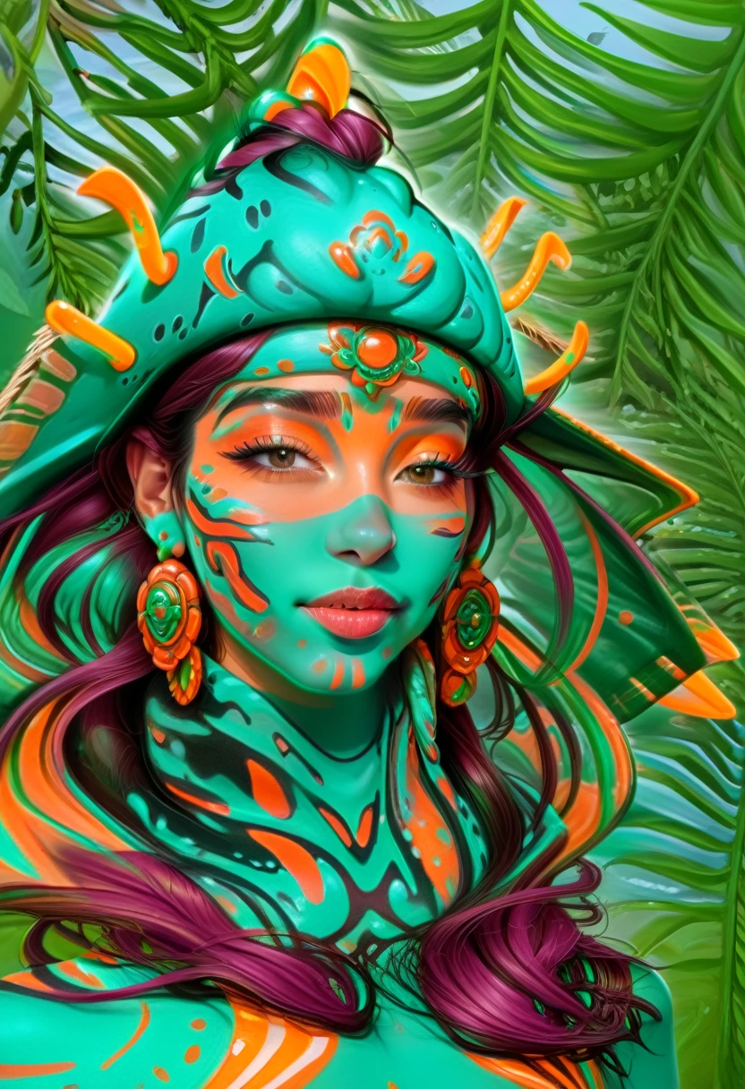 arafed woman with green and orange body paint and a hat, vibrant digital painting, painting by android jones, colorful digital painting, stunning digital painting, digital airbrush painting, detailed digital painting, intricate digital painting, rossdraws cartoon vibrant, digital painting highly detailed, highly detailed digital painting, very detailed digital painting, airbrush digital art, gorgeous digital painting