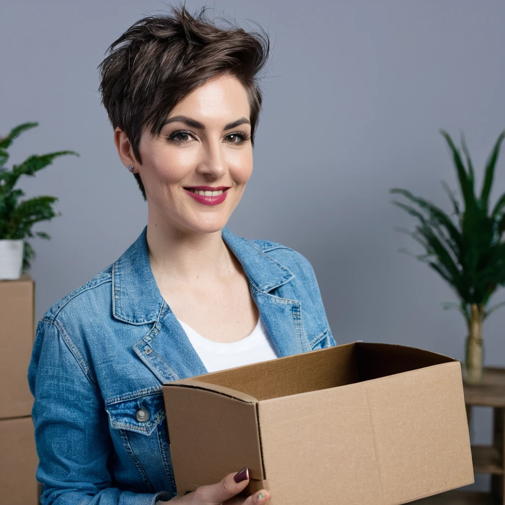 lesbian bearded woman short hair holding a box of minoxidil kirkland
