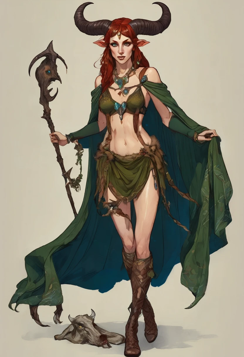 Satyr woman with horns, sorceress, an amazon, red unkempt shoulder length hair, in the clothes of a traveler, blue eyes slender legs with hooves similar to the legs of a demon and hair, There are birthmarks on the shoulders of a dark green cape, natshea in the ears decorations made of bones