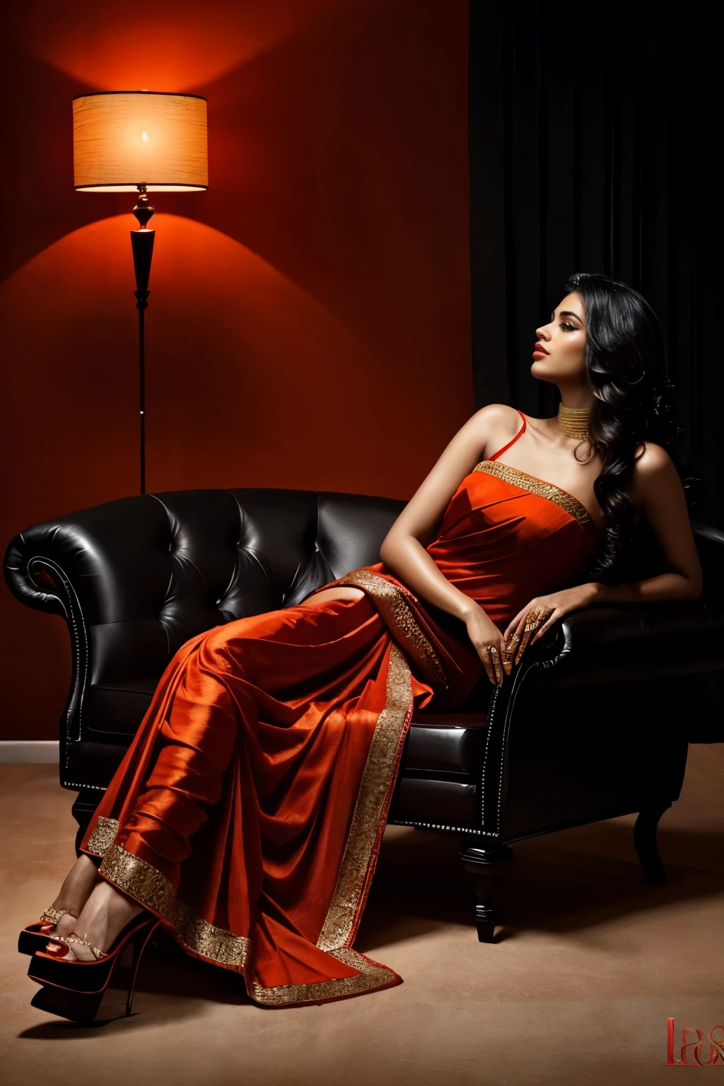 (Red orange bridal saree)) Indian model ((reclining on a luxurious black chaise lounge)) , set against a dark background, with luscious flowing locks, slim figure, ample cleavage, toned legs, and ((high heels)), exuding confidence and glamour."