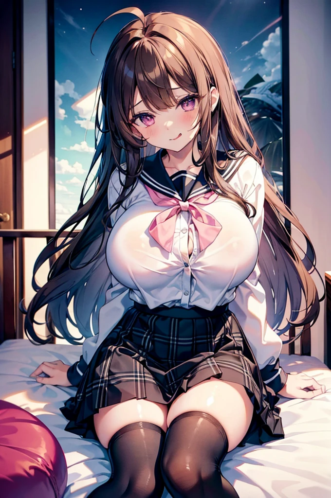 masterpiece, One girl,  Brown haired girl, Wearing a sailor suit, Curly long hair, The body is slim,  Pink eyes, Ahoge, Baby Face, Huge breasts, Beautiful breasts, Round Breasts, Long sleeve, Beautiful Eyes, Black knee-high socks, , skirt, black skirt, plaid skirt, Brown sailor color, flared skirt, Tight shirt, skirt, Bedroom M-shaped legs pussy legs spread horny tongue licking slanted eyes blowjob fellatio