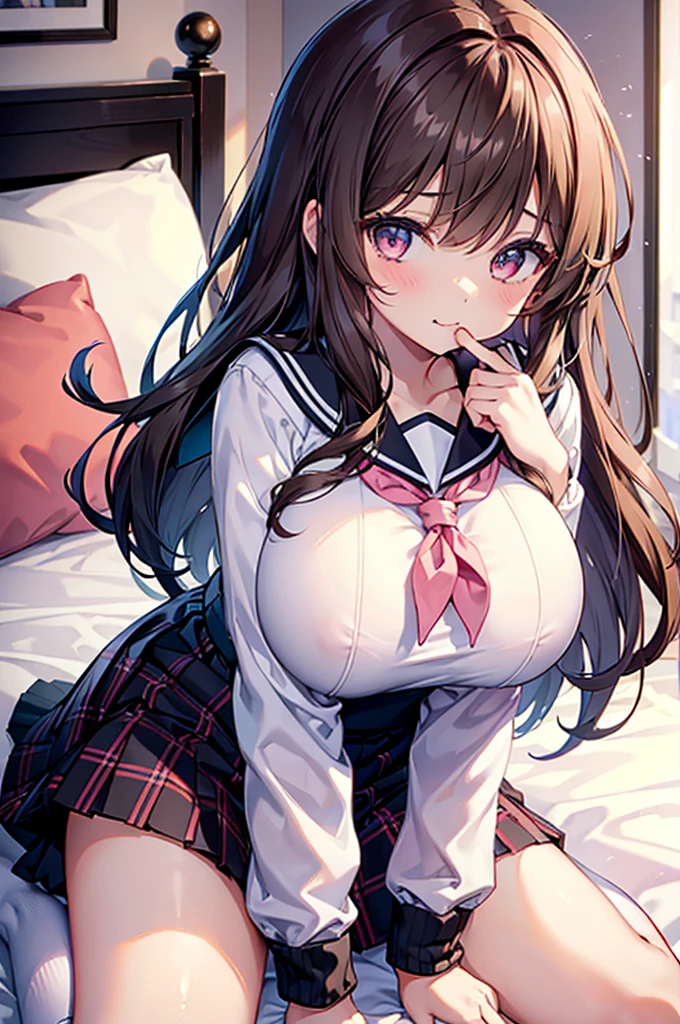 masterpiece, One girl,  Brown haired girl, Wearing a sailor suit, Curly long hair, The body is slim,  Pink eyes, Ahoge, , Huge breasts, Beautiful breasts, Round Breasts, Long sleeve, Beautiful Eyes, Black knee-high socks, , skirt, black skirt, plaid skirt, Brown sailor color, flared skirt, Tight shirt, skirt, Bedroom M-shaped legs pussy legs spread horny tongue licking slanted eyes blowjob fellatio