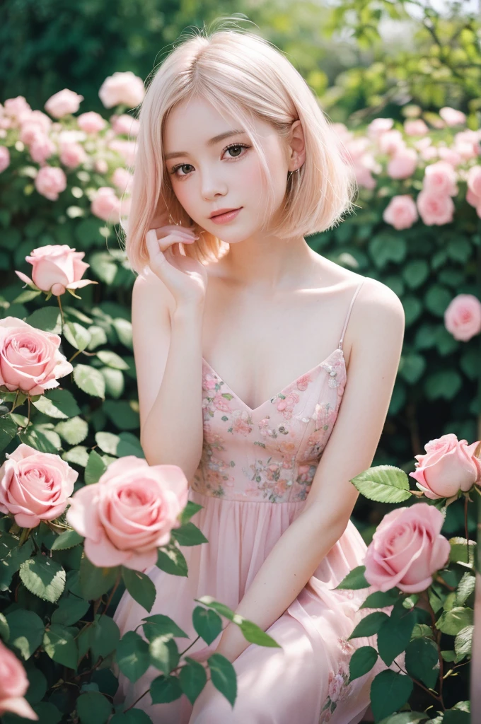 8K, RAW Photos, Fujifilm, Avril-like style photo of a beautiful young woman in a garden of pale pink roses (Highly detailed skin: 1.2) Style Petal Break Short Hair, Blonde and colored hair, Wearing a dress, Film Granulation, 35mm, Cute Style