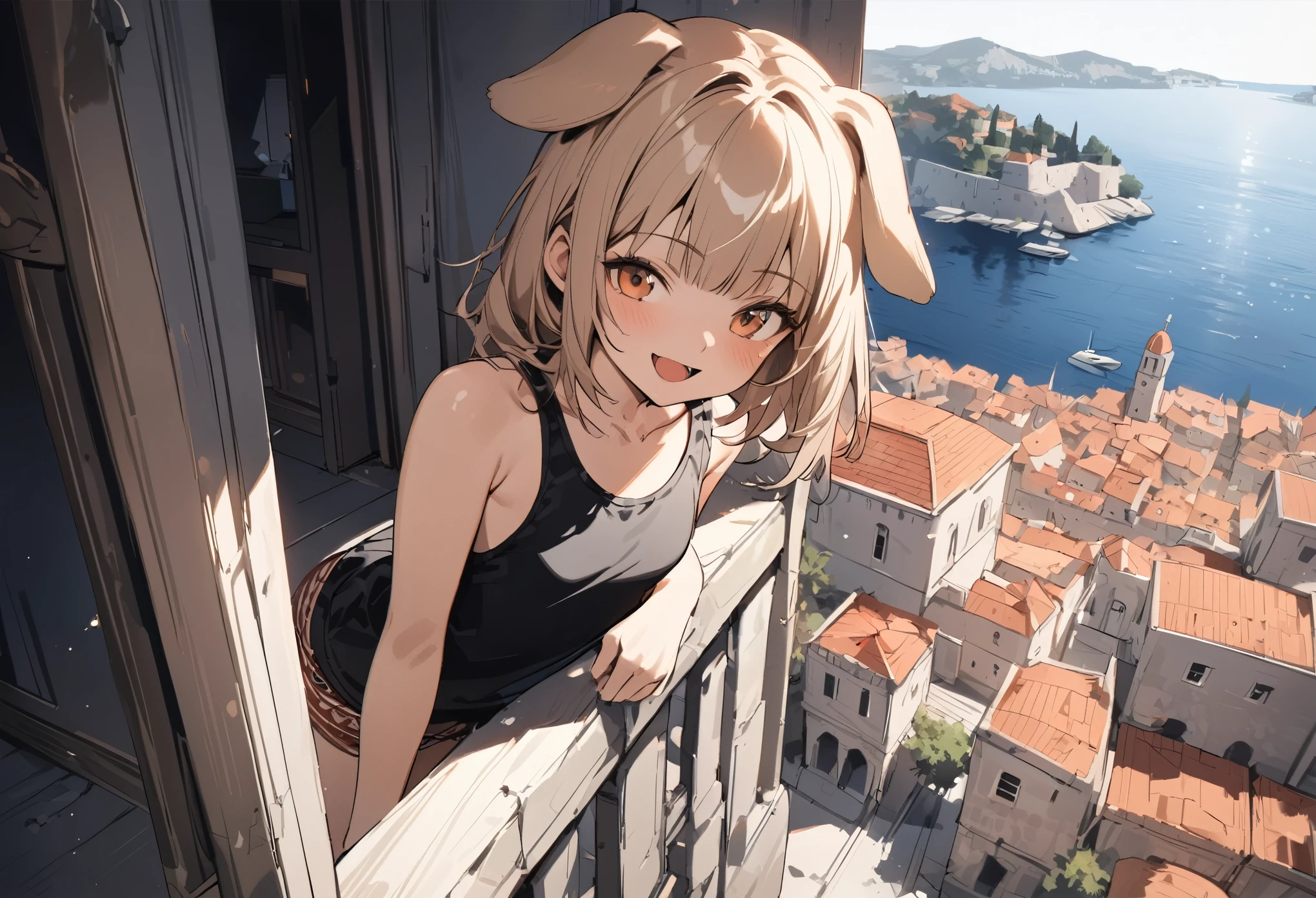 ((Masterpiece)), ((best quality)), (Anime:1.3), (super detail:1.2), (High Definition:1.3), (Professional Photography:1.3), (wide shot), (very aesthetic:1.2), (absurdres:1.2), (sharp focus), (perfect light), (()), 8K, Glossy skin, cinematic lighting, 1girl, (Knit fabric tank top), (Tribal boxer shorts), (Cute innocent teenage girllendar body, (Healthy body), small breast, glossy mhair, (loose blunt bangs), ((:d)), open mouth, (naughty smile), beautiful collarbones, (slightly exposed shoulders), (dog ears), pale brown hair, Hair that flutters in the wind, BREAK, ((best quality)), (very aesthetic:1.2), (absurdres:1.2), (Leaning against the decorated low Parapet), (Dubrovnik townscape), summerday, Beautiful Adriatic Sea,