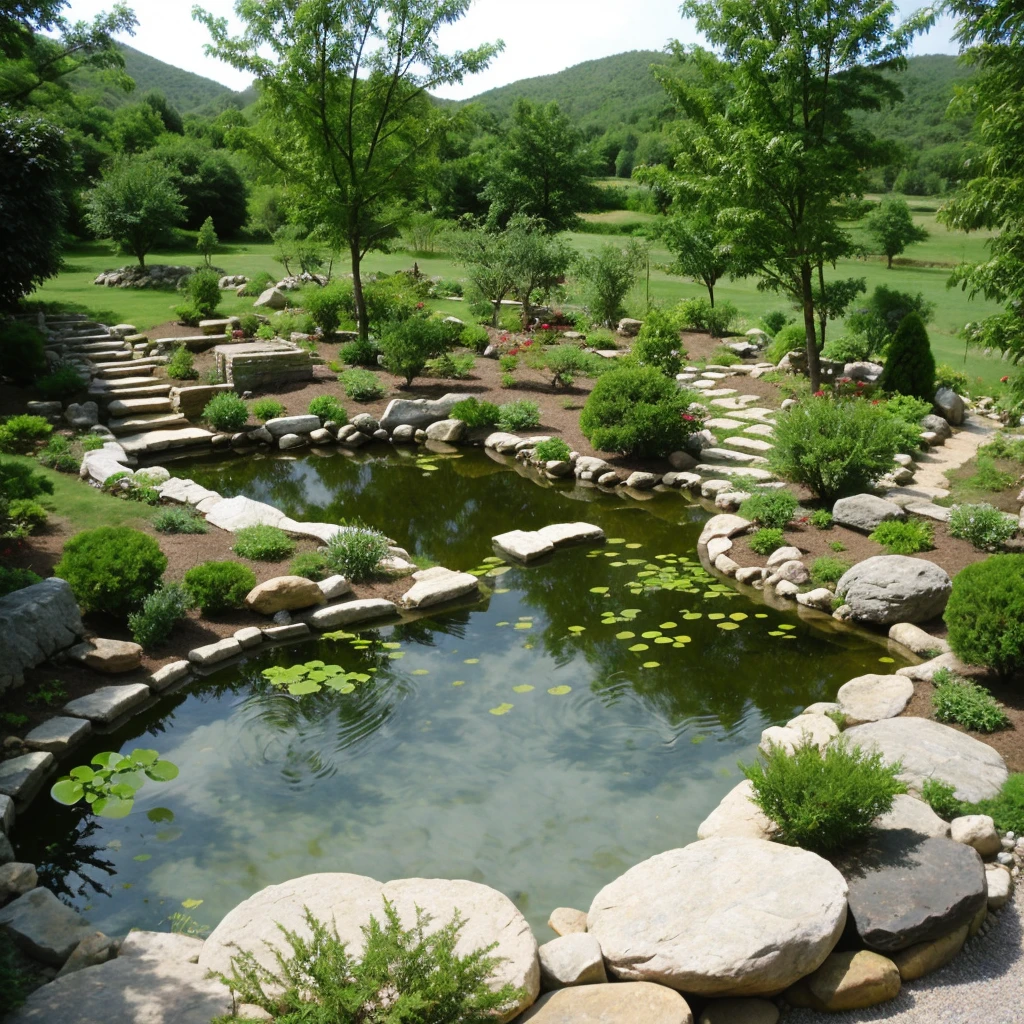 stone garden, ponds, vegetation, bansai