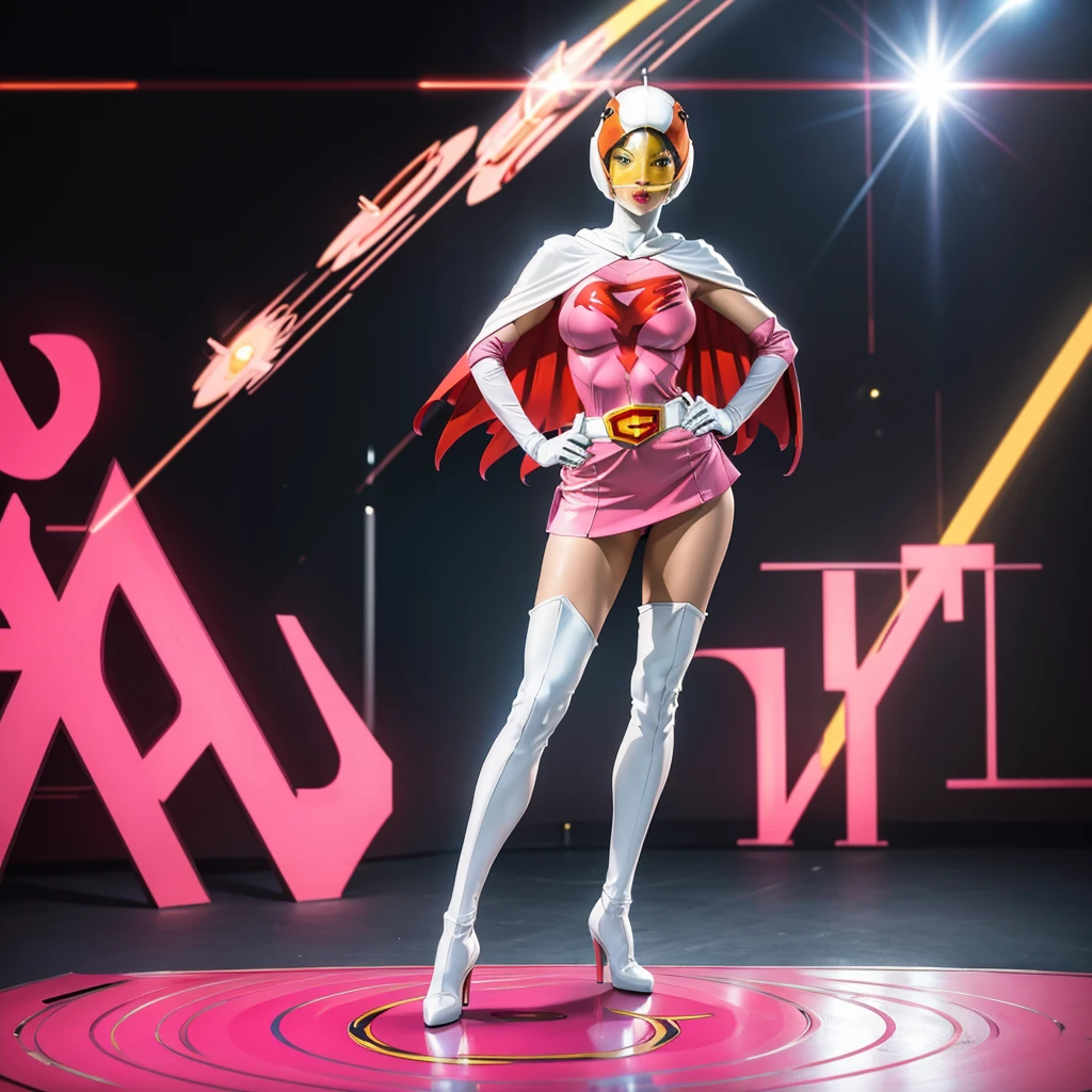 ANI_CLASSIC_jun_gatchaman_ownwaifu,1girl, 15yo,good anatomy, masterpiece, best quality,realistic, hyper realistic, 16k hdr, long hair,breasts,lips,large breasts,lipstick,makeup,gloves,cape,helmet,belt,elbow gloves,white gloves,mask,ultra miniskirt,leotard,spacesuit,white tight overknee highheels boots,pink dress,superhero,bodysuit,cleavage,erected nipples,(stand pose,hands on hip),(spread legs:1.1),cameltoe