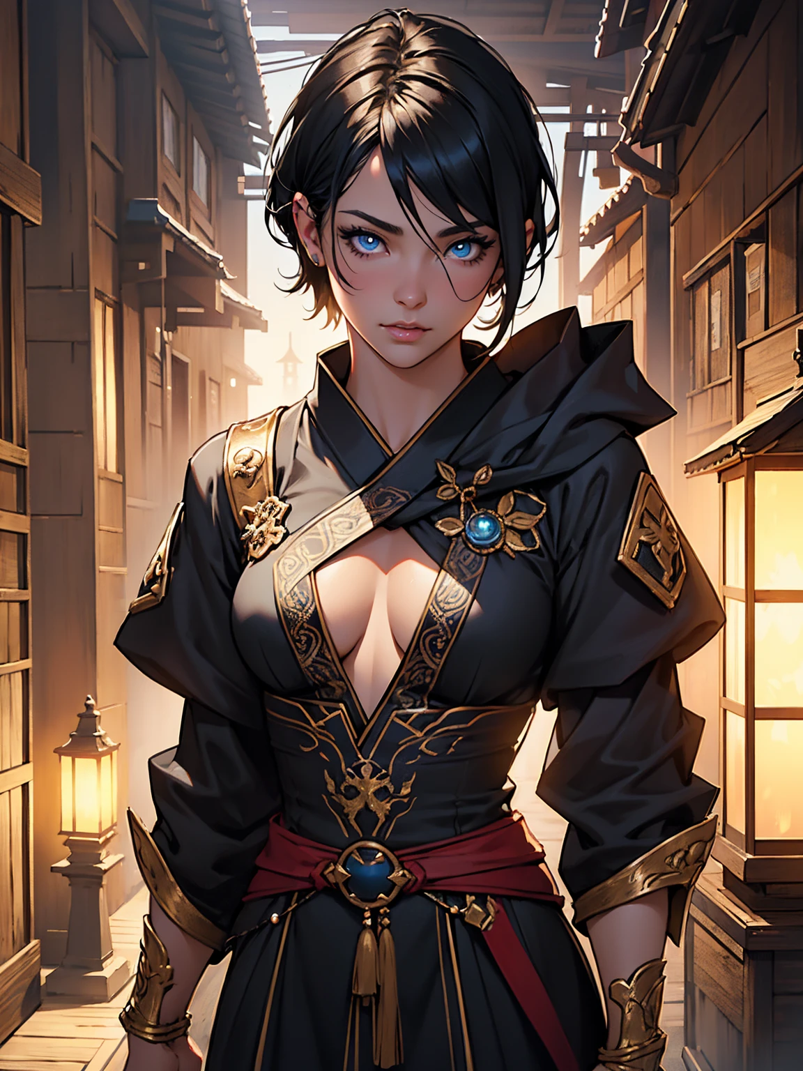 a woman, 1girl, short bob black hair, small breasts, blue eyes!!!, fait skin, blank face, she nude, penis instead of a pussy, full body, full body, night, medieval japanese town, very sexy body, detailed face, beautiful detailed eyes, beautiful detailed lips, extremely detailed eyes and face, long eyelashes, intricate details, highly detailed, photo realistic, 8k, best quality, masterpiece, cinematic lighting, dramatic lighting, vibrant colors, fantasy, digital art, concept art