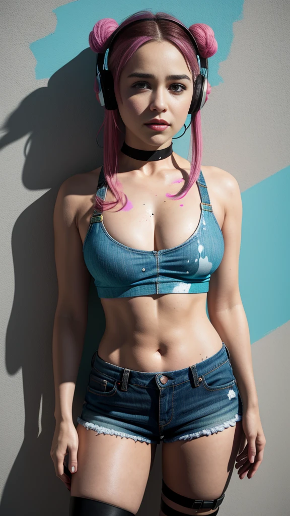 Maya is wearing her glasses and has a big boob hole in her top and she has oily skin 