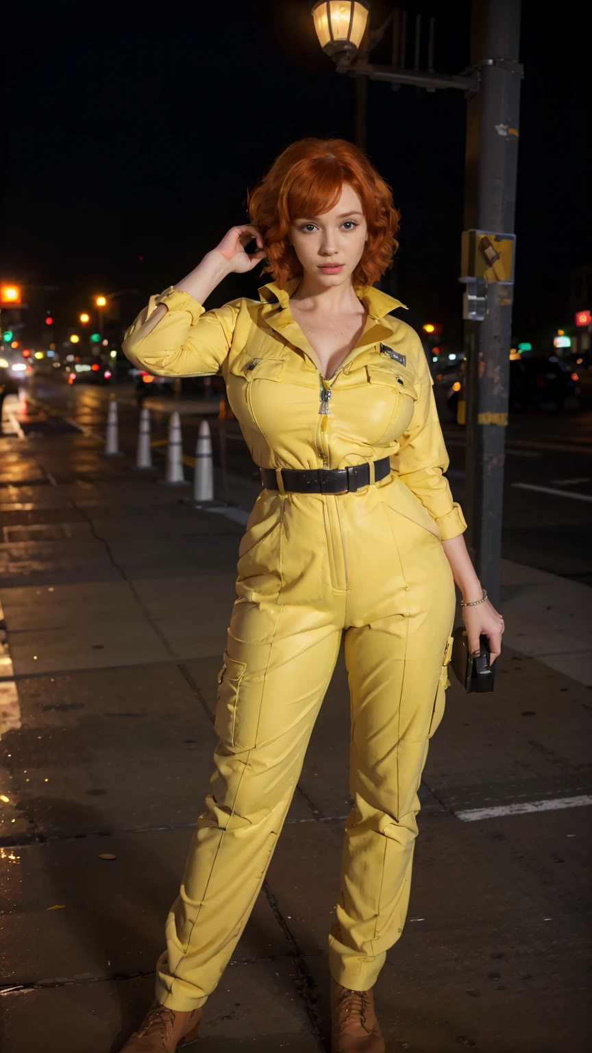 (masterpiece), (best quality), (solo character), (photorealistic:1.4), (chr1sh3n, Christina Hendricks), (April O'Neil_v1 jumpsuit), (yellow jumpsuit), (April O'Neil_v1 white belt), ), (epiCRealLife), (lora:epiCFlashPhoto), (red hair), (brown eyes), (young woman), (flashphoto), (night time), (new york city street), (traffic light), (different camera angle shots), (look at viewers), (cowboy shots), (close up)