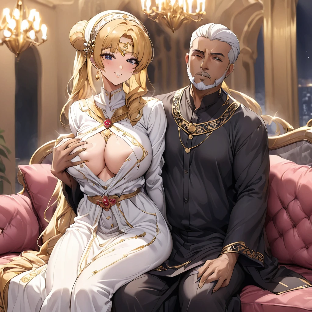 ((Highest quality)), ((masterpiece)), (detailed), (Perfect Face)、The woman is Tsukino Usagi, an Arab Muslim with vivid brown skin, and is wearing a gorgeous, glittering abaya with gold embroidery, a gorgeous hijab, a gorgeous hair ornament, gorgeous jeweled accessories, and an engagement ring in a luxurious Islamic mansion. The woman and the man are sitting on a luxurious, large sofa in the luxurious room, and the woman is passionately embracing and passionately deep kissing the dignified, bearded, middle-aged Arab Muslim man wearing Arab national dress, and the man is fondling her breasts as they make passionate love to each other as a married couple.、The woman is the elegant Tsukino Usagi, with long blonde hair in a chignon twin tail, wearing an abaya and a gorgeous hijab, and a bright brown-skinned Muslim Arab.、(The woman is a dark-skinned Arab Muslim named Tsukino Usagi)、The man is a Muslim, dignified, strong-looking, bearded, middle-aged Arab man wearing traditional Arab clothing.