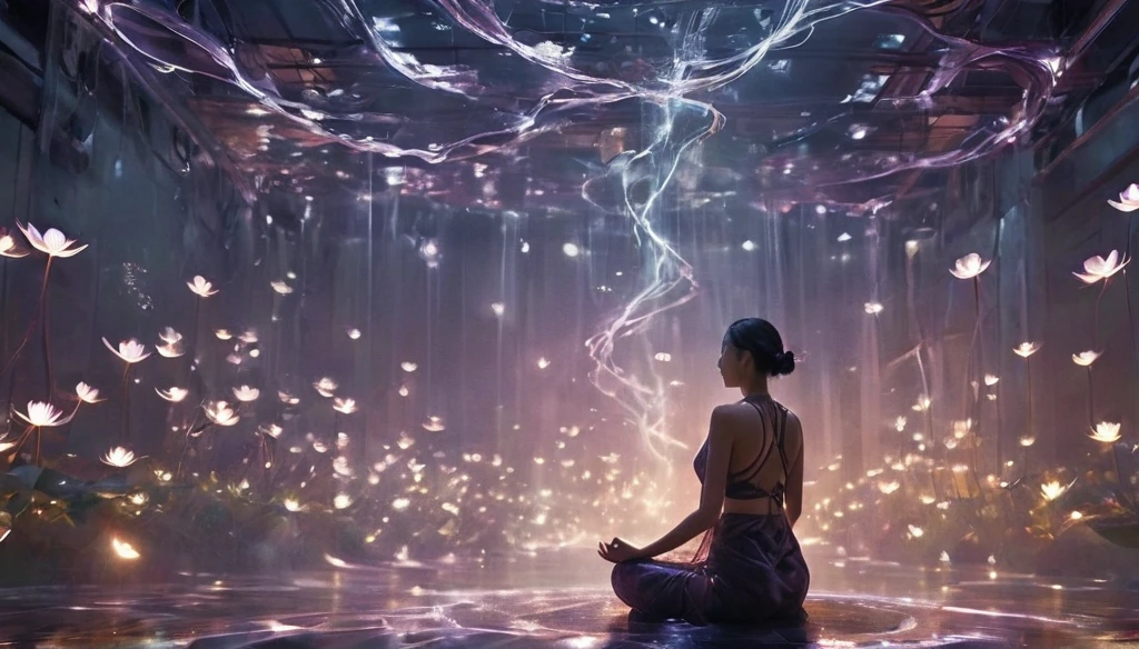 Full body photo of a girl in lotus position，born, Cinematic shots, (Sharp focus:1.5), (Realistic:1.4), dusk lighting, Volumetric lighting, Ultra-high resolution, 16K,Dramatic lighting, Abstract background：1.5）（Tangleた，Datura stramonium，Tangle，Intertwined：0.7），Haori, Lightning Spell,  conversion, Depth of written boundary, A fantastic atmosphere, The most beautiful form of chaos, Elegance, Fauvist Design Dark Theme, flowers of death, flowers of ecstasy，Glowing Lines,Glow Example，Tracking example，flash， Backlight，translucent，Particles of light,