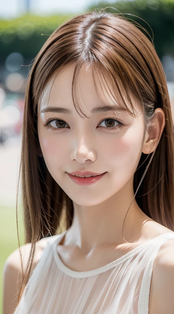 1womanl, smile,full shot,
mideum breasts, light brown hair, Blunt bangs, hair behind ear, hair over shoulder, Long hair, slender body shape, Ultra Fine Face, Thin face, Delicate lips, Beautiful eyes, thin blush, eyes are light brown, perfect glossy skin, flawless skin, Glistening sweat,View here, Ultra-thin hands, Ultra-fine fingers, best ratio four finger and one thumb, (realisitic:1.3),  white blouse. An amusement park, One-person viewpoint, Fuji Film, F/1.2, 8K, masutepiece, nffsw, Super Detail, High quality, Best Quality, hight resolution