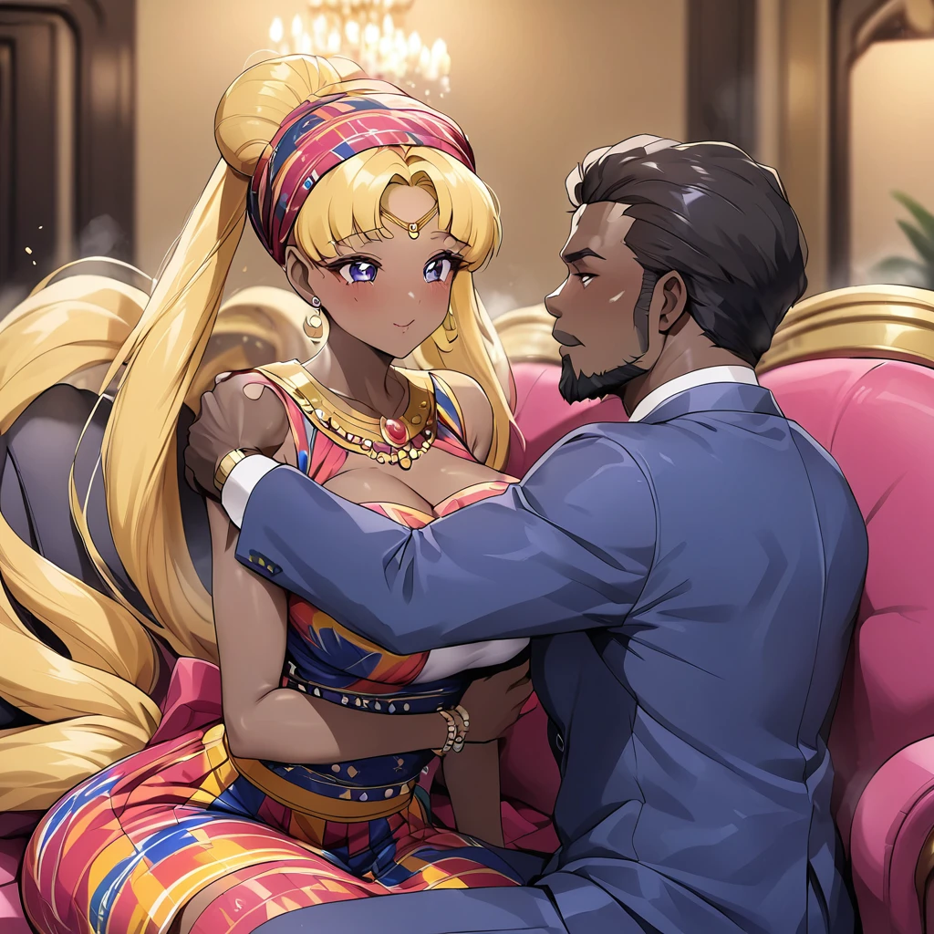 ((Highest quality)), ((masterpiece)), (detailed), (Perfect Face)、The woman is a black Ghanaian woman named Tsukino Usagi with vivid dark brown skin, and is wearing a gorgeous, colorful, glittering Ghanaian dress, a colorful turban head scarf, gorgeous jeweled accessories and an engagement ring in a luxurious Ghanaian mansion. The woman and the man are sitting on a luxurious, large sofa in the luxurious room, and the woman is passionately embracing and passionately deep kissing the dignified, bearded, middle-aged Ghanaian man wearing Ghanaian traditional clothing, and the man is fondling her breasts as they make passionate love to each other as a married couple.、The woman is the elegant Tsukino Usagi, with long blonde hair in a chignon twin tail, wearing a colorful Ghanaian dress and a colorful turban head scarf, and has vivid dark brown skin.、(The woman is a black Ghanaian with vivid dark brown skin.)、The man is a dignified, burly, bearded Ghanaian man wearing a smock.