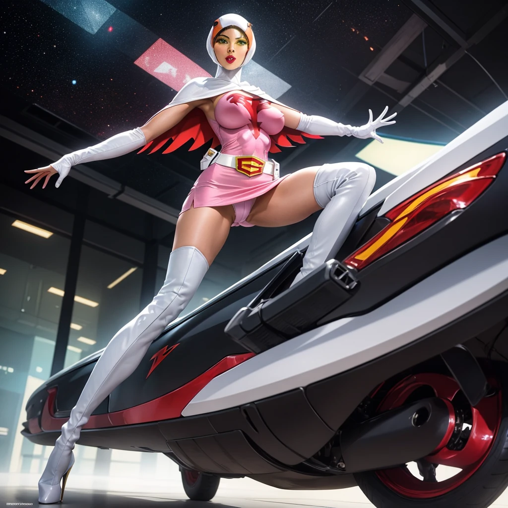 ANI_CLASSIC_jun_gatchaman_ownwaifu,1girl, yo,good anatomy, masterpiece, best quality,realistic, hyperrealistic, 16k hdr, long hair,breasts,green eyes,lips,large breasts,lipstick,makeup,gloves,cape,helmet,belt,elbow gloves,white gloves,mask,ultra miniskirt,leotard,spacesuit,white tight overknee highheels boots,pink dress,superhero,bodysuit,cleavage,erected nipples,(sexy pose,from below:1.2),(spread legs:1.1),cameltoe