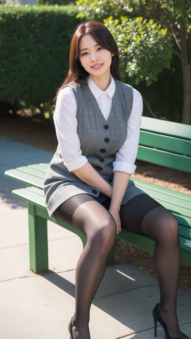 Uruchan-6500-v1.1, (RAW Photos:1.2), (Photorealistic), (Genuine:1.4), 1girl、Perfect Anatomy、48 years old、Looking at the camera、Medium Long Hair、Plaid vest、((Sitting on a bench:1.3))、(Ultra-realistic pantyhose:1.2), (High heels)、(Business services)、(A very loving smile:1.2)、