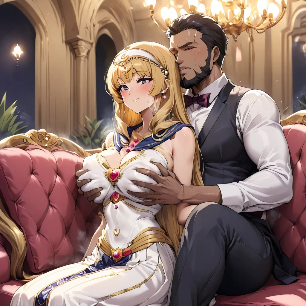 ((Highest quality)), ((masterpiece)), (detailed), (Perfect Face)、The woman is a Muslim Egyptian named Tsukino Usagi with vivid brown skin. She is wearing a gorgeous, glittering garabiya, a gorgeous hijab, gorgeous jeweled accessories and an engagement ring in a luxurious Egyptian mansion. The woman and the man are sitting on a gorgeous, large sofa in the luxurious room, and the woman is passionately embracing and passionately deep kissing the dignified, bearded middle-aged man wearing Egyptian traditional clothing, and the man is fondling her breasts as they make passionate love to each other as a married couple.、The woman is the elegant Tsukino Usagi, with long blonde hair in a chignon twin tail, wearing a gorgeous and glittering galabeya and a gorgeous hijab, a bright brown-skinned Muslim Egyptian.、(The woman is the dark-skinned Egyptian Tsukino Usagi.)、The man is a dignified, muscular, bearded, middle-aged Egyptian Muslim man wearing a galabeya