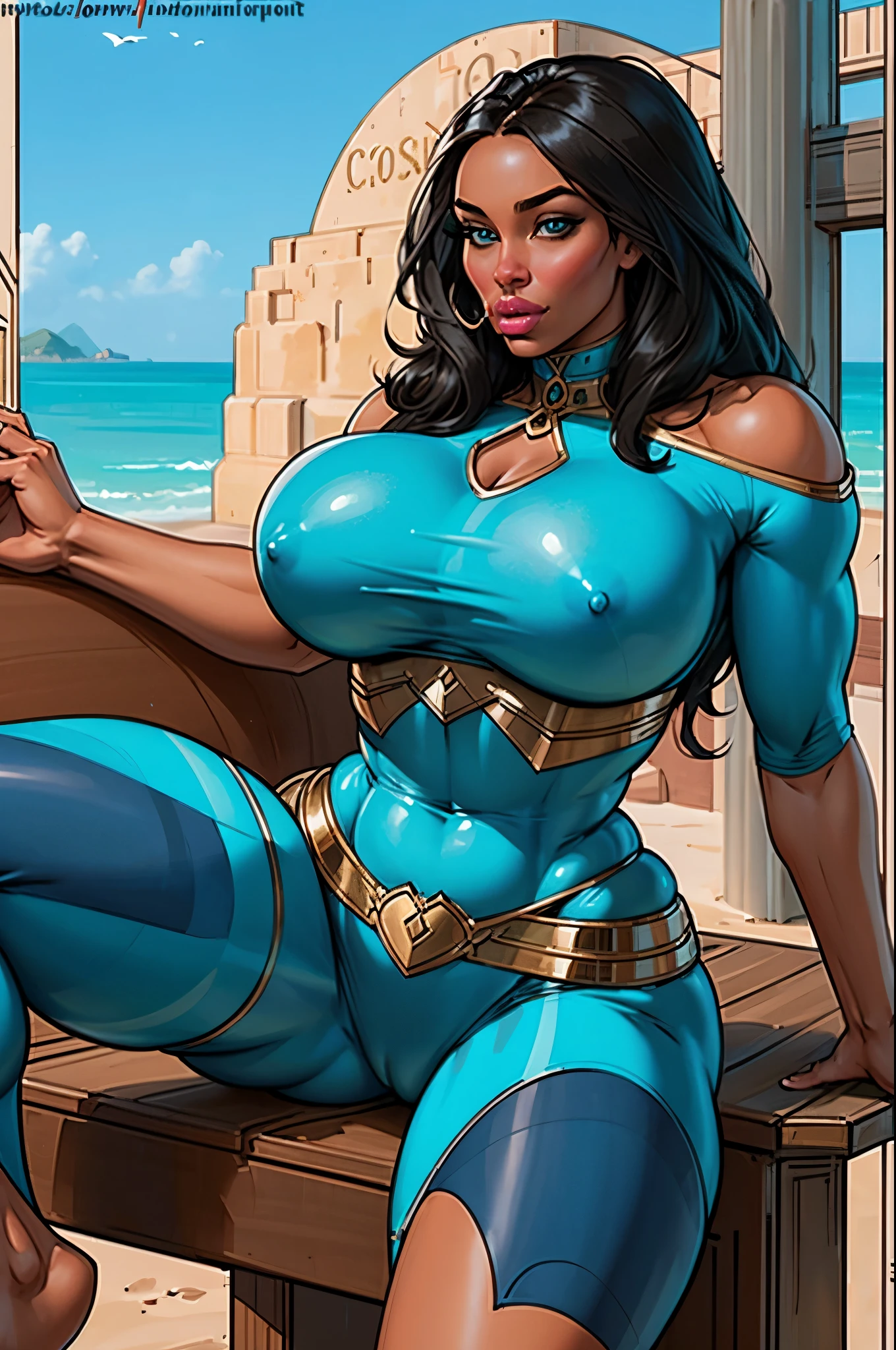 ((masterpiece)), portrait, woman,"Flawless, piercing blue-green eyes that engage audiences with their enchanting, rich African heritage skin that commands authority and respect" + "Voluptuous, ebony hair styled in voluminous bouncy curls, framing an elegant heart-shaped face that has high cheekbones" + "Extra large breasts with natural bounce accentuated to her authoritative aura, smooth black skin with an enchanting allure" + "Long, toned thighs that exude her sensual confidence and a captivating aura" + ("Curvyous build accentuating to the natural bounce inherent to a powerful, sensual presence, embodying an aura of authority and seduction through empathy" + "Attractive, charismatic grace with an authoritative allure in every motion" + "Sensual confidence in posture, engaging and authoritative, confident mannerisms" + "Empathic demeanor of sexualized and nurturing dominance over a powerful, alluring sensual charm in societal presence with assertiveness, commanding the audience's desire" +" Voluptuous build accentuating her voluptous figure in graceful curves with the alluring sensual presence" + "Strong toned muscles rippling across her athletic body" + "Curvaceous hips that accentuate her powerfully commanding aura of authority and sensuality" + "Toned legs highlighting her assertive posture" + "Commanding aura that captivates every glance, exuding her captivating and enticing confidence" + "QoS clothes", facing camera:1.9,