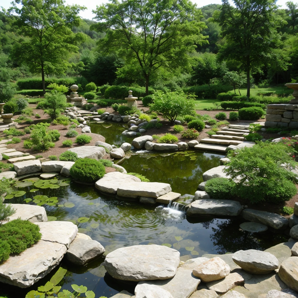 stone garden, ponds, vegetation, bansai