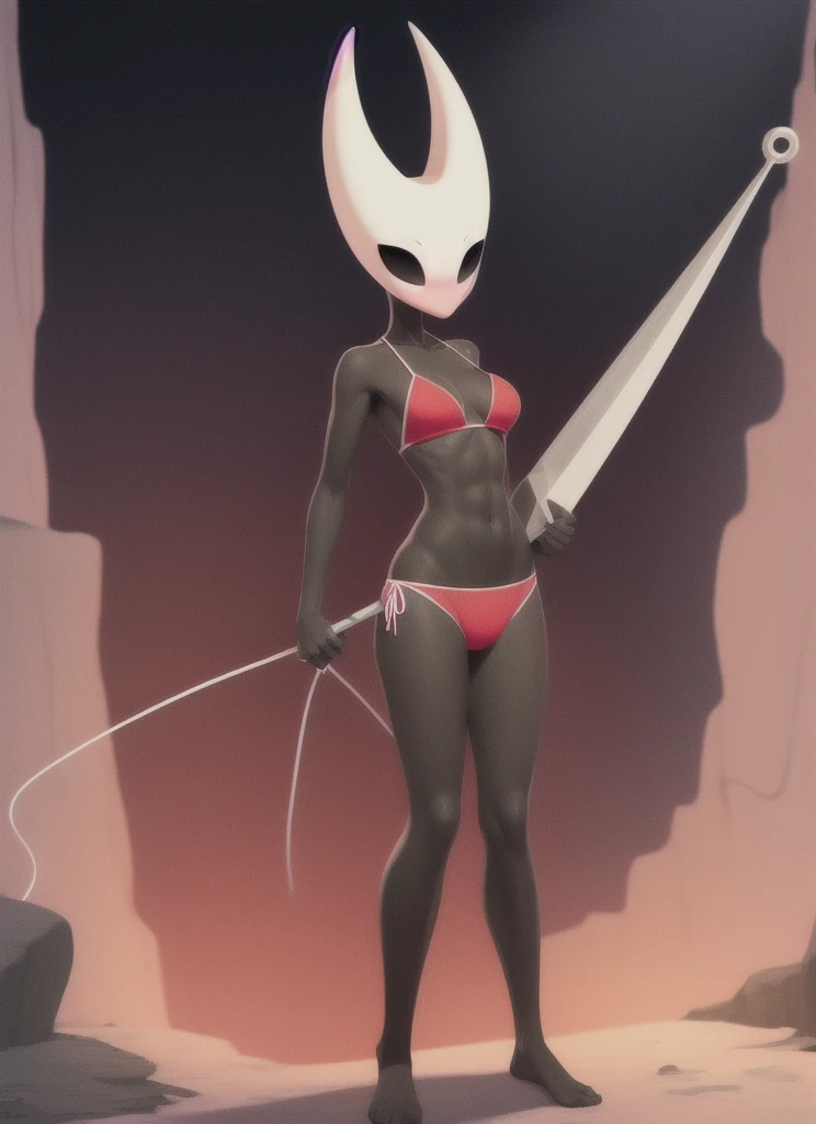 hornet, cute, chibi, no feet, furry girl, slim,anthro, needle weapon, thread, solo, red panties, bare feet, standing in a seductive pose , full body,red bikini, (best quality), (detailed dark cave background:1.2), looking at viewer, flat colors, big breasts, no nipples, no vagina, sexy body, abs, (blushes 1.5), underboob, slightly bulging through the panties, shibari