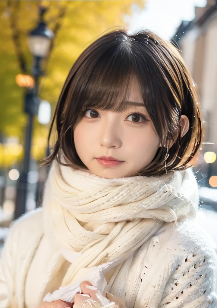 Holding a Shiba Inu、Hair blowing in the wind、Medium Short Hair、Fluffy scarf、Expressing the whiteness of one's breath、Photo from the waist up、Night city illumination shot、Cowgirl Shot、Fur coat、豪華なグレーのミンクのFur coat、Wear fine leather boots、Luxury Bags、Inner turtleneck、Silver necklace and small silver earrings Millionaire style:1.4))、Full body photo、smile、 Caustics、Highly detailed photos、Very beautiful woman 、Ample breasts、No makeup、(8K、RAW Photos、Highest quality、masterpiece:1.2)、(Realistic、Realistic)、1 Girl、((Medium Short Hair、Midwinter、Cold region Snow falling、The wind is blowing、Fluttering Hair、Blur the background、Colorful illuminations、Looking into the camera:1.4))、