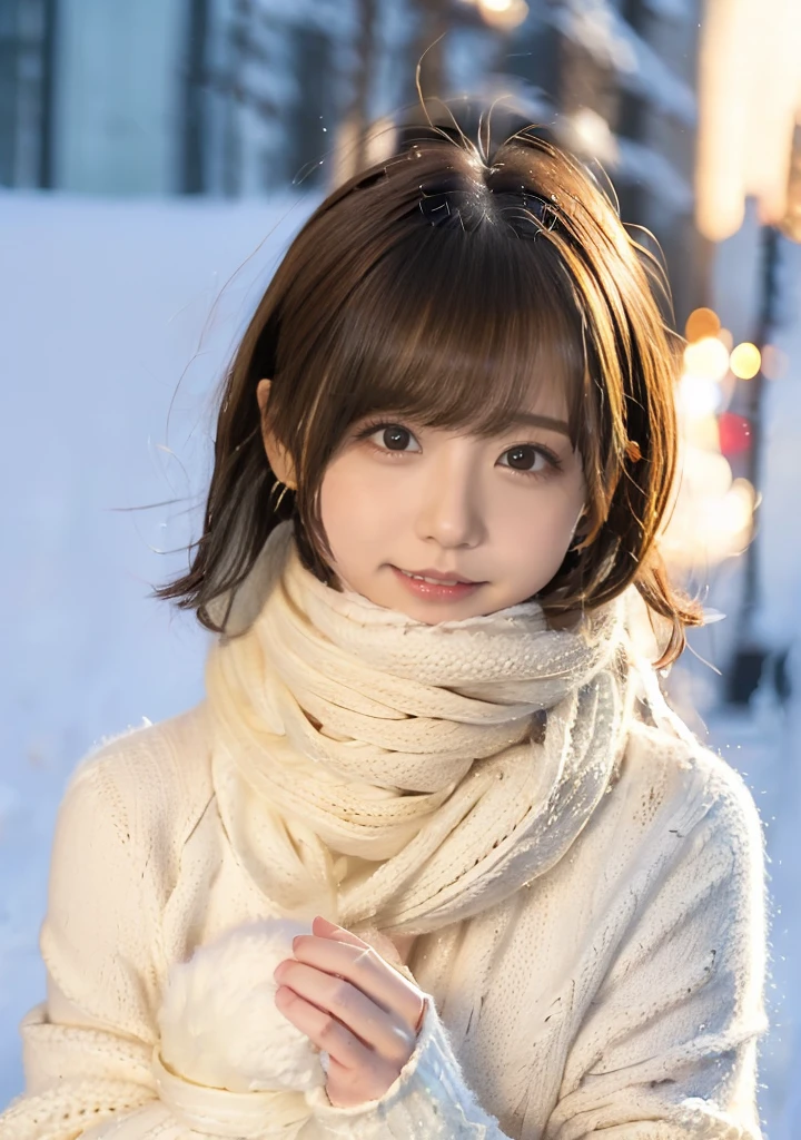 Holding a Shiba Inu、Hair blowing in the wind、Medium Short Hair、Fluffy scarf、Expressing the whiteness of one's breath、Photo from the waist up、Night city illumination shot、Cowgirl Shot、Fur coat、豪華なグレーのミンクのFur coat、Wear fine leather boots、Luxury Bags、Inner turtleneck、Silver necklace and small silver earrings Millionaire style:1.4))、Full body photo、smile、 Caustics、Highly detailed photos、Very beautiful woman 、Ample breasts、No makeup、(8K、RAW Photos、Highest quality、masterpiece:1.2)、(Realistic、Realistic)、1 Girl、((Medium Short Hair、Midwinter、Cold region Snow falling、The wind is blowing、Fluttering Hair、Blur the background、Colorful illuminations、Looking into the camera:1.4))、