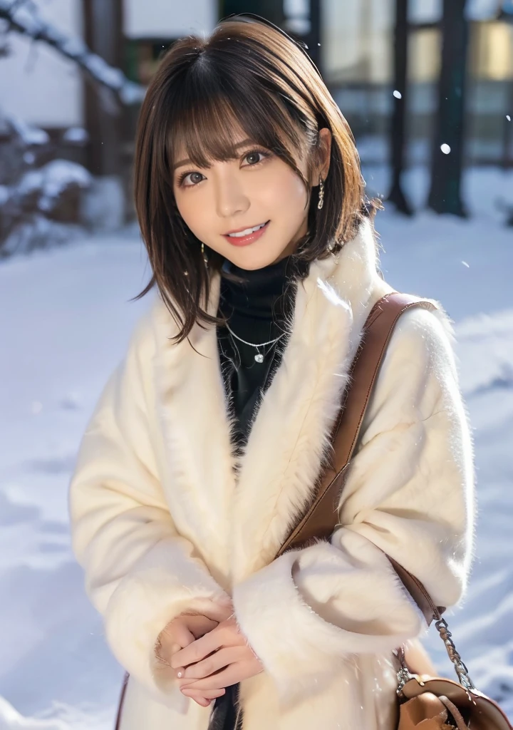 Holding a kitten、Photo from the waist up、Night city illumination shot、Cowgirl Shot、Fur coat、豪華なグレーのミンクのFur coat、Wear fine leather boots、Luxury Bags、Inner turtleneck、Silver necklace and small silver earrings Millionaire style:1.4))、Full body photo、smile、 Caustics、Highly detailed photos、Very beautiful woman 、Ample breasts、No makeup、(8K、RAW Photos、Highest quality、masterpiece:1.2)、(Realistic、Realistic)、1 Girl、((Medium Short Hair、Midwinter、Cold region Snow falling、The wind is blowing、Fluttering Hair、Blur the background、Colorful illuminations、Looking into the camera:1.4))、