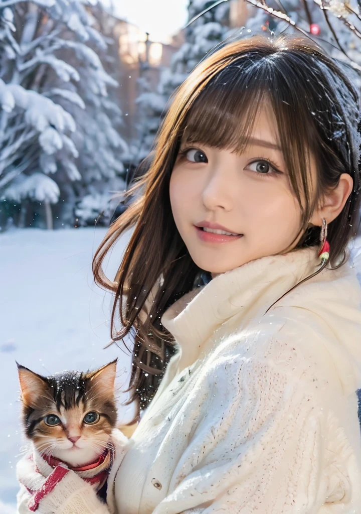 Holding a kitten、Photo from the waist up、Night city illumination shot、Cowgirl Shot、Fur coat、豪華なグレーのミンクのFur coat、Wear fine leather boots、Luxury Bags、Inner turtleneck、Silver necklace and small silver earrings Millionaire style:1.4))、Full body photo、smile、 Caustics、Highly detailed photos、Very beautiful woman 、Ample breasts、No makeup、(8K、RAW Photos、Highest quality、masterpiece:1.2)、(Realistic、Realistic)、1 Girl、((Medium Short Hair、Midwinter、Cold region Snow falling、The wind is blowing、Fluttering Hair、Blur the background、Colorful illuminations、Looking into the camera:1.4))、