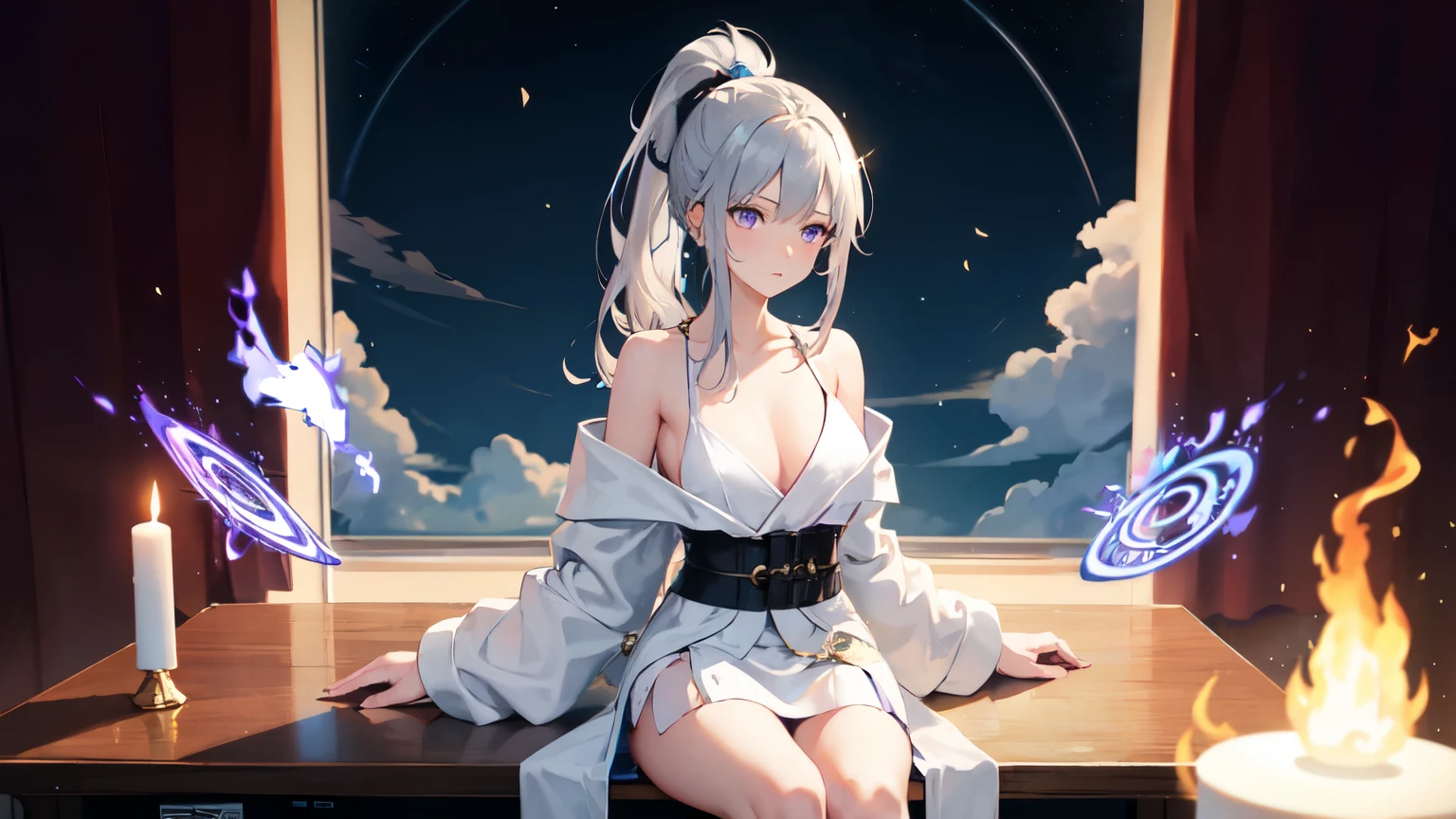 One girl,White Robe Decollete, ponytail ,Gray Hair, Purple eyes, magic circle, Blue Fire, Blue Flame, Sitting in front of a desk,Introspective, Depth of written boundary, night, Particles of light, light, Side Lighting, Thighs, destiny \(series\), skirt, cloud