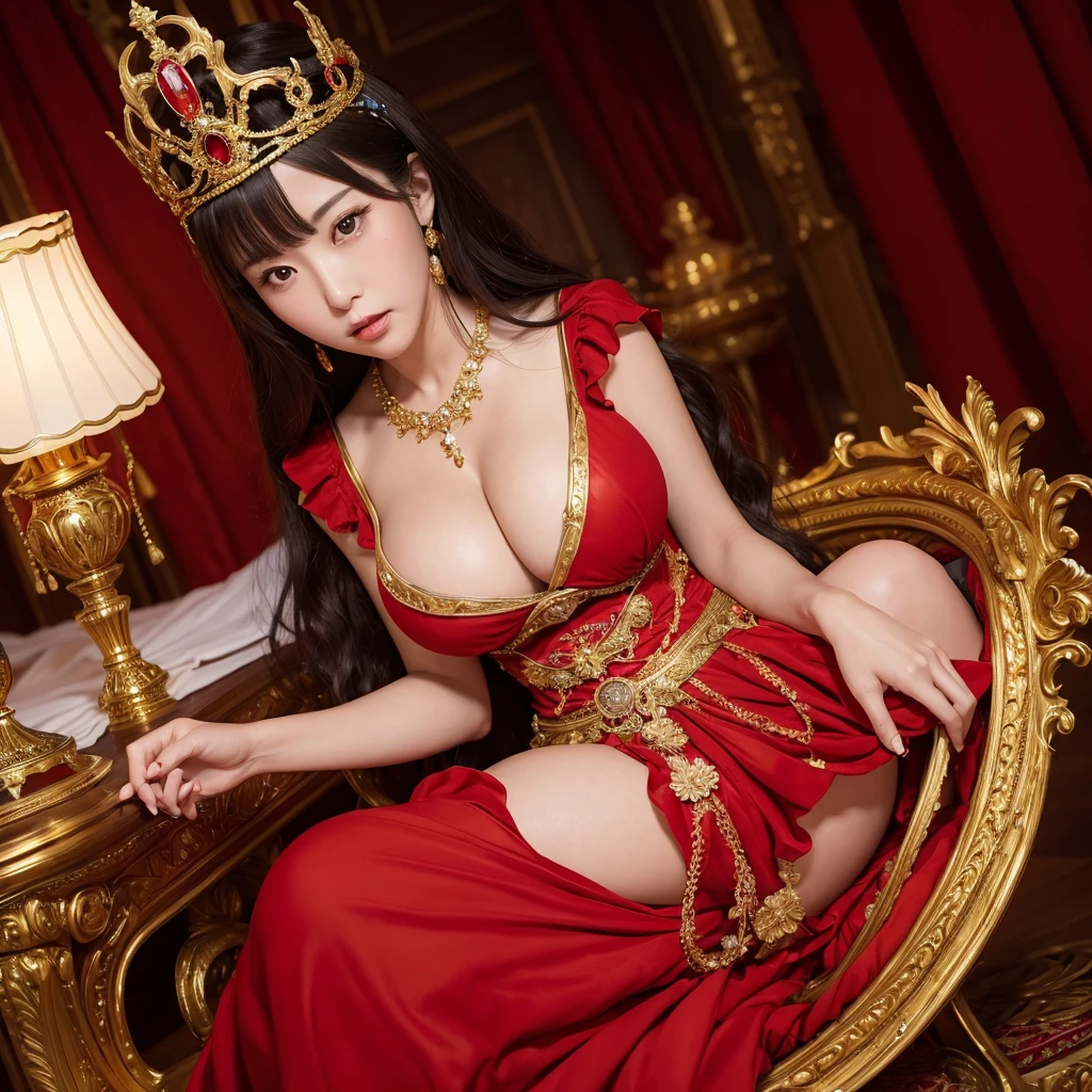 a confident japanese woman with exaggerated large breasts sitting on an ornate throne, wearing a gorgeous red dress and a large crown, looking down at the viewer, detailed facial features,hyper-realistic,8K,ultra-detailed,photorealistic,masterpiece,dramatic lighting,cinematic,oil painting,protected by knights,holding an ornate fan in her hands,golden room、Her breasts are so big they seem to burst out of her clothes.