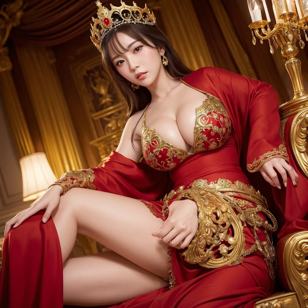 a confident japanese woman with exaggerated large breasts sitting on an ornate throne, wearing a gorgeous red dress and a large crown, looking down at the viewer, detailed facial features,hyper-realistic,8K,ultra-detailed,photorealistic,masterpiece,dramatic lighting,cinematic,oil painting,protected by knights,holding an ornate fan in her hands,golden room、Her breasts are so big they seem to burst out of her clothes.