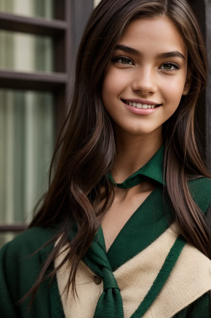 A girl between 16-, Physically, he has a skin tone between light and dark.,He has medium-sized brown hair with red highlights in the front.,honey colored eyes and long eyelashes,wear the Slytherin uniform,with a sharp jaw and a turned-up nose,a perfect smile and big, full lips,what a dark femine vibe