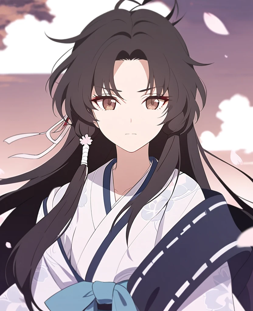 Make me an Mo Dao Zu Shi oc. In the Donghua art style. Give her long black hair, tied into a high bodytail thats tied together with blue cherry blossom hairclips. Brown eyes. A stoic and dull expression on her face. She's wearing a blue and white hanfu with cloud print on the sleeves near the end. Cherry blossom leaves blow around her.