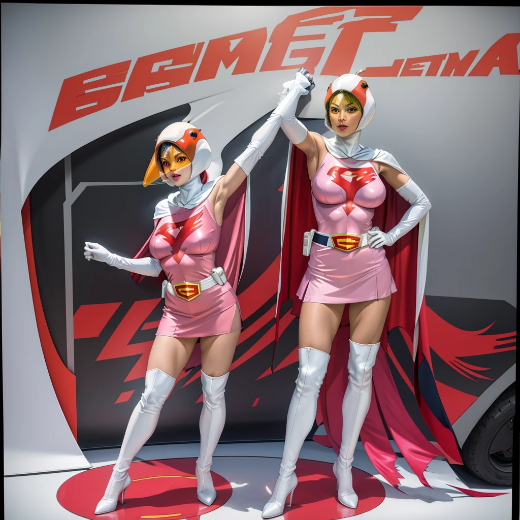 ANI_CLASSIC_jun_gatchaman_ownwaifu,1girl, 15yo,good anatomy, masterpiece, best quality,realistic, hyper realistic, 16k hdr, long hair,breasts,lips,large breasts,lipstick,makeup,gloves,cape,helmet,belt,elbow gloves,white gloves,mask,ultra miniskirt,leotard,spacesuit,white tight overknee highheels boots,pink dress,superhero,bodysuit,cleavage,erected nipples,(fighting poses),cameltoe