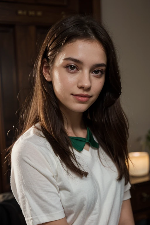 A girl between -17Physically, he has a skin tone between light and dark.,He has medium-sized brown hair with red highlights in the front.,honey colored eyes and long eyelashes,wear the Slytherin uniform,with a sharp jaw and a turned-up nose,a perfect smile and big, full lips,what a dark femine vibe
