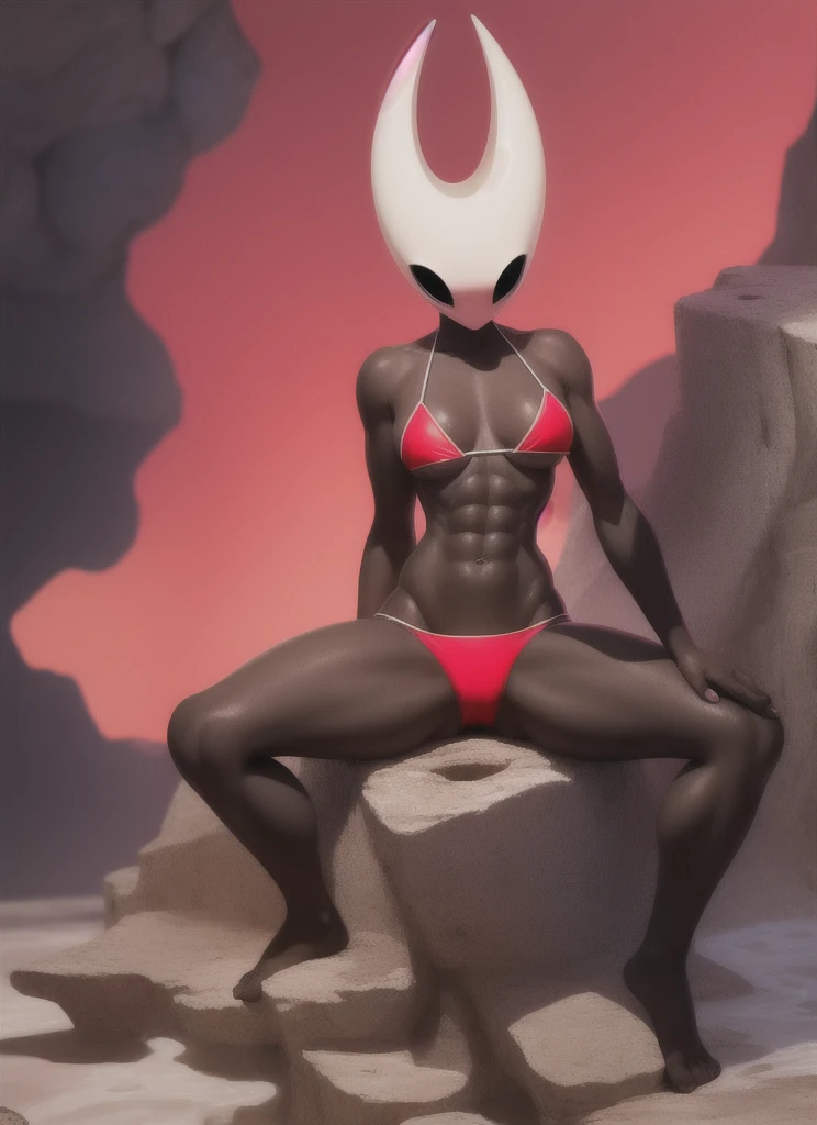 hornet, cute, chibi, no feet, furry girl, slim,anthro, thread, solo, red panties, bare feet, sits, hands behind his back , full body, red bikini, (best quality), (detailed dark cave background:1.2), looking at viewer, flat colors, big breasts, no nipples, no vagina, sexy body, abs, (blushes 1.5), underboob, slightly bulging through the panties, skinny legs, muscular abs on the stomach,