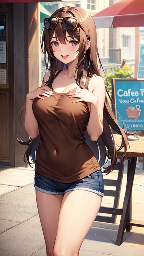 Brown Long Hair, Touching the chest, Short Pants, laughing, 20-year-old, Cafe, Big Breast, Sunglasses on head, City
