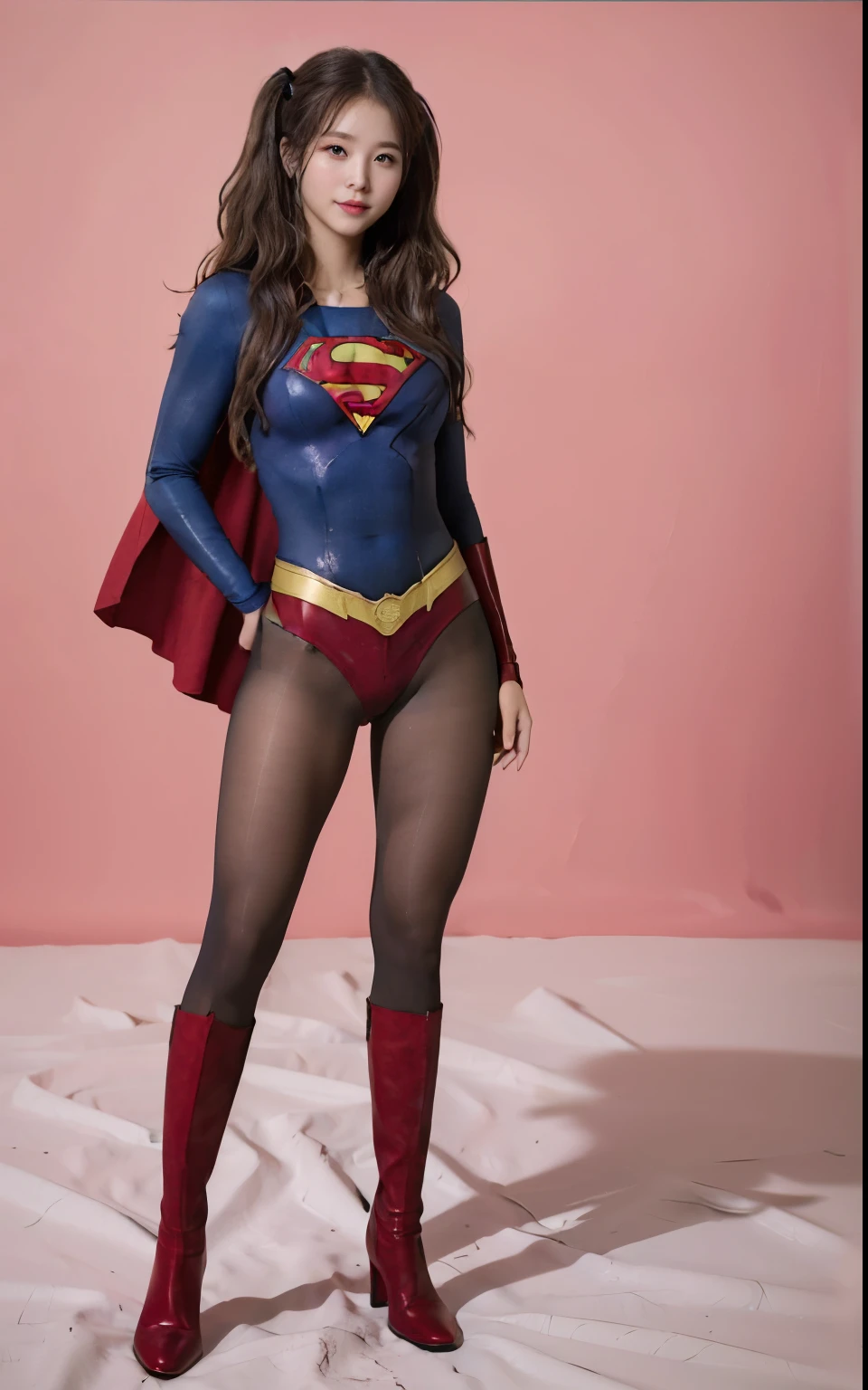 No background、(((Beautiful legs in black tights.)))、(((Legally express the beauty of your smile)))、((((Make the most of your original images)))、(((Supergirl Costume)))、(((Beautiful hair with twin tails)))、(((suffering)))、(((Please wear black tights....、Wear red boots)))、((Best image quality、8K))、((Highest quality、8K、masterpiece:1.3))、(((Preserve background )))、Sharp focus:1.2、Beautiful woman with perfect figure:1.4、Slim Abs:1.2、Wet body:1.5、Highly detailed face and skin texture、8K