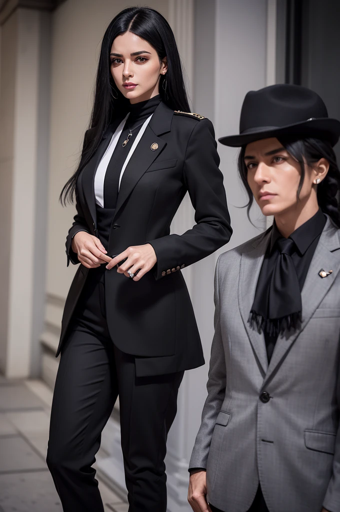 She has long, black hair with gray streaks and piercing, intense eyes.. She dresses simply, yet elegant, usually sporting a military-style jacket and pants. Her height is above average and she exudes an aura of authority and competence.. Luiz's mother has a strong and dominant presence. Despite age, She still has a youthful energy