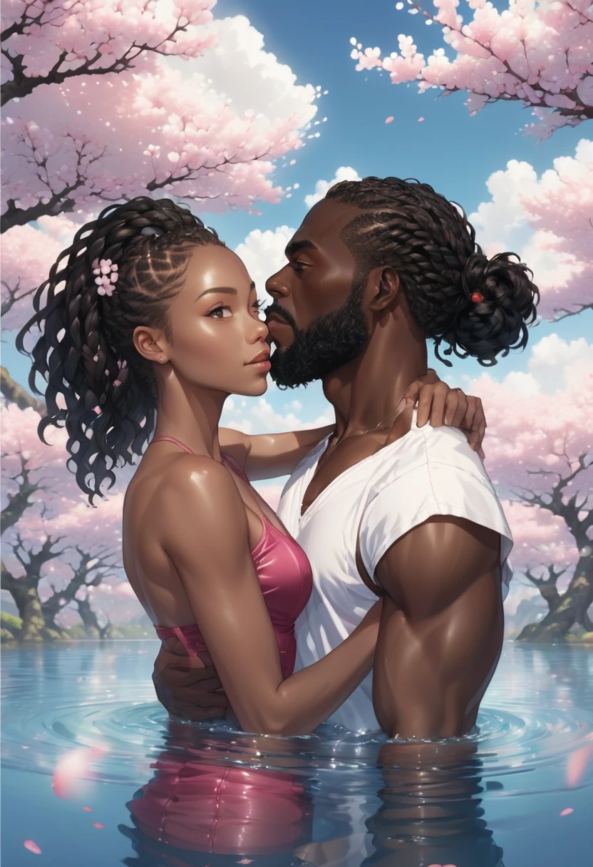 ((1boy, 1girl,))) ((((( verydarkskin couple))))), ((detailed African-American features)),
, (very darkskin man, tall, rugged square face, long dreads, almond-shaped chocolate eyes, bulky, muscular triangle physique, strong pectoral, strong legs, toned torso), And (darkskin woman, short, voluptuous, curvy, strong, sensuously cool, braided black hair, soft heart-shaped face, concaved nubian button nose, heart-shaped physique, heart hips, glasses, heterochromia wine and brown eyes), **

((amazing skin, perfect hands, perfect, perfect eyes, enamored couple,  flirty couple, passionate sensuality)), ((detailed cherry blossom onsen background)),  (((wet couple, translucent towels. waist deep in water, full body, couple focused, face to face))), 
  sensual lighting, brilliant shading, sensual  shadowing,  sensuous atmosphere,  intricate fabric details, (4k, ray tracing, masterpiece, detailed smooth textures, sharp gradients, deep highlights,  best quality, amazing quality, very aesthetic, absurdres, highly-detailed, 2.5d ,cel-shaded),AddXL,((Anime illustration)) ((Incarnate detail)) ((Masterpiece)) ((Highest quality)),black people, 